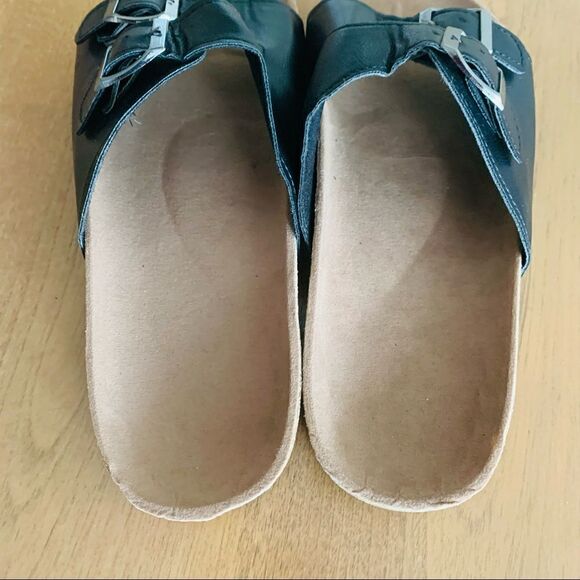 Twin Buckle Band Black Cork Sole Slide Sandals - Picture 7 of 10